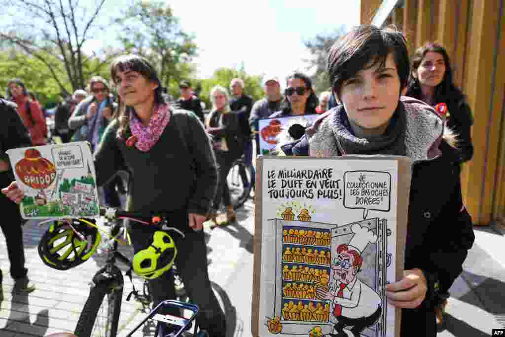 Francia. En Rennes, al oeste del país, decenas se congregaron en un mitin con motivo del Día de la Tierra frente al grupo productor LeDuff. Ecologistas protestan por el posible establecimiento, en un terreno agrícola, de la compañía que exporta brioches congelados.