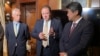 US Ambassador to Japan Rahm Emanuel, left, Ukraine Ambassador to Japan Sergey Korsunsky, center, and acting secretary general of the governing Liberal Democratic Party Seiji Kihara speak to the media in Tokyo, Dec. 7, 2023. 