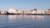 This image made from video shows the ship MV Bahijah, with sheep and cattle on board, at a port in Fremantle, Australia, Feb. 2, 2024. (Channel 10 via AP)