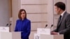 Tổng thống Moldova Maia Sandu và Tổng thống Pháp Emmanuel Macron tham dự một cuộc họp báo trước buổi làm việc trưa tại Cung điện Elysee ở Paris, Pháp, ngày 7/3.