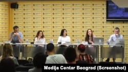 Predstavnici organizacije A11 na konferenciji za medijie (Foto: Medija Centar Beograd)