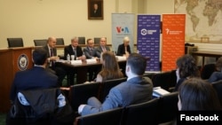 Elez Biberaj, second from right at the table, takes part in a briefing before the U.S. House Foreign Affairs Committee on threats to independent journalism in Russia, in Washington, Jan. 15, 2020.