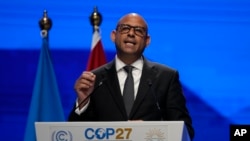 FILE - Simon Stiell, UN climate chief, speaks during a closing plenary session at the COP27 U.N. Climate Summit on Nov. 20, 2022, in Sharm el-Sheikh, Egypt.