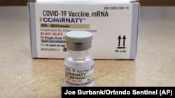 FILE — Comirnaty, a new Pfizer/BioNTech vaccination booster for COVID-19, is displayed at a pharmacy in Orlando, Florida, Sept. 15, 2023. (Joe Burbank/Orlando Sentinel via AP)
