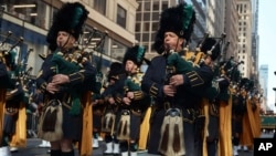 Bagpipers march along Fifth Avenue during the St. Patrick's Day Parade, March 16, 2024, in New York.