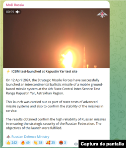 Captura de mensaje en Telegram del Ministerio de Defensa de Rusia.