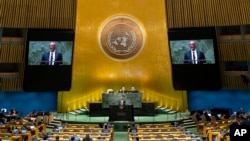 El primer ministro de Haití, Ariel Henry, pronuncia un discurso ante la 78va sesión de la Asamblea General de Naciones Unidas, en la sede de Naciones Unidas, el viernes 22 de septiembre de 2023. 