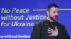 Президент України Володимир Зеленський виступає з промовою «Немає миру без справедливості для України» у Гаазі, Нідерланди, 4 травня 2023 року.