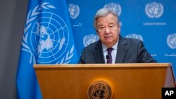El secretario general de las Naciones Unidas, Antonio Guterres, durante una conferencia de prensa en la sede de la ONU, el 9 de octubre de 2023. (Foto AP/Craig Ruttle)