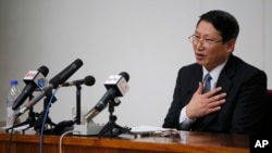 Kim Jung-wook, a South Korean Baptist missionary, speaks during a news conference in Pyongyang, North Korea, Feb. 27, 2014.
