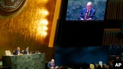 FILE - Vassily Nebenzia, permanent representative of Russia to the United Nations, speaks during a meeting of the U.N. General Assembly, at U.N. headquarters, March 23, 2022.