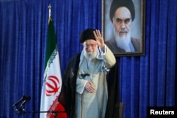 Iran's Supreme Leader Ayatollah Ali Khamenei waves his hand as he arrives to deliver a speech in Tehran, Iran June 4, 2019.