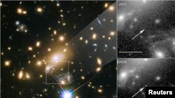 Imagen tomada por el telescopio espacial Hubble de NASA de una estrella azul súper gigante llamada Ícaro, la más distante estrella individual jamás vista. April 2, 2018. 