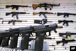 FILE - Assault weapons and hand guns are seen for sale at Capitol City Arms Supply in Springfield, Ill.