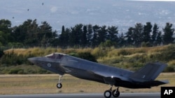 A F-35B aircraft lands at Akrotiri Royal air forces base near coastal city of Limassol, Cyprus, May 21, 2019.