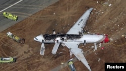 An Asiana Airlines Boeing 777 plane is seen in this aerial image after it crashed while landing at San Francisco International Airport, July 6, 2013.