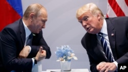 ARCHIVO - El presidente estadounidense Donald Trump se reúne con el presidente ruso Vladimir Putin en la Cumbre del G-20 el 7 de julio de 2017 en Hamburgo. (AP)