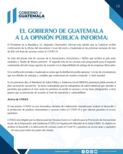 Comunicado de prensa del gobierno de Guatemala sobre el primer lote de vacunas contra el COVID-19. [Imagen cortesía]