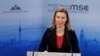 FILE - Federica Mogherini, High Representative of the European Union for Foreign Affairs and Security Policy delivers a speech at the Security Conference in Munich, Germany, Feb. 8, 2015. 