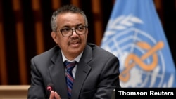 FILE - World Health Organization (WHO) Director-General Tedros Adhanom Ghebreyesus attends a news conference in Geneva, Switzerland, July 3, 2020.