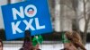 Two women wearing sunglasses with a tree design join other opponents of the Keystone XL pipeline to celebrate President Barack Obama's veto of legislation pertaining to the project outside the White House in Washington, Feb. 24, 2015.