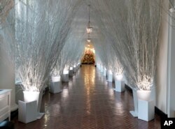 Un pasillo del ala este de la Casa Blanca decorado con ramas secas pintadas de blanco brillante.