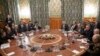 Turkish Foreign Minister Mevlut Cavusoglu (3-L), Turkish Defense Minister Hulusi Akar (2-L), Russian Foreign Minister Sergey Lavrov (4-R), and Russian Defense Minister Sergei Shoigu (3-R) attend talks in Moscow, Russia, Jan. 13, 2020.