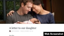 Imagen tomada de la cuenta del CEO de Facebook, Mark Zuckerberg, el martes 1 de diciembre de 2015, donde en una carta anuncia el nacimiento de su hija Max y la donación del 99% de sus acciones en la red social que fundó.
