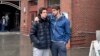 Basketball players Romeo Myrthil, left, and Cade Haskins talk after voting at Dartmouth College in Hanover, New Hampshire, on March 5, 2024, on whether to form a union.
