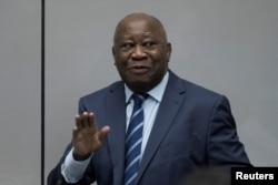 Former Ivory Coast President Laurent Gbagbo appears before the International Criminal Court in The Hague, Netherlands, Jan. 15, 2019.