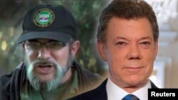 El presidente de Colombia Juan Manuel Santos, derecha, y Timochenko " se dieron la mano y anunciaron un preacuerdo en el punto de justicia transicional que se aplicará en un eventual
posconflicto, el pasado mes de septiembre.
