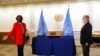 Linda Thomas-Greenfield, the new U.S. ambassador to the United Nations, presents her credentials to U.N. Secretary-General Antonio Guterres at U.N. headquarters, Feb. 25, 2021.