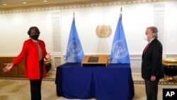 Linda Thomas-Greenfield, the new U.S. ambassador to the United Nations, presents her credentials to U.N. Secretary-General Antonio Guterres at U.N. headquarters, Feb. 25, 2021.