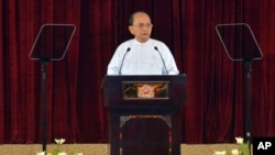 Burmese President Thein Sein delivers a speech at the President house in Naypyitaw, Burma, December 26, 2012.