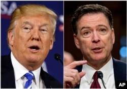 ARCHIVO - Esta foto combinada muestra al presidente Donald Trump hablando durante una mesa redonda en White Sulphur Springs, W.Va., 5 de abril de 2018, izquierda, y al ex director del FBI James Comey hablando durante una audiencia del Comité de Inteligencia del Senado en Capitol Hill.