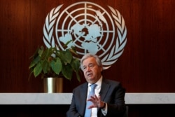 United Nations Secretary-General Antonio Guterres speaks during an interview with Reuters at U.N. headquarters in New York City, Sept. 14, 2020.