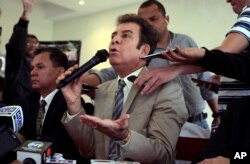 FILE - Honduran presidential candidate Salvador Nasralla holds a press conference in Tegucigalpa, Honduras, Dec. 22, 2017.