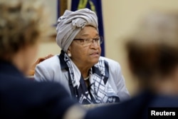 FILE - Liberia's President Ellen Johnson Sirleaf attends a news conference at the Presidential Palace in Monrovia, Liberia, Oct. 12, 2017.