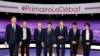 French politicians, from left to right, Arnaud Montebourg, Jean-Luc Bennahmias, Francois de Rugy, Benoit Hamon, Vincent Peillon, Manuel Valls and Sylvia Pinel, attend the first prime-time televised debate for the French left's presidential primaries in La Plaine Saint-Denis, near Paris, France, Jan.12, 2017.