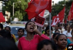 Members of Dalit organizations and leftist groups shout slogans during a protest in Mumbai, India, April 2, 2018.