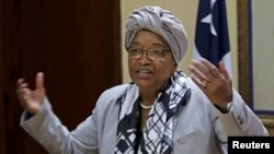 FILE - Liberia's President Ellen Johnson Sirleaf speaks during a news conference at the Presidential Palace in Monrovia, Liberia, Oct. 12, 2017.