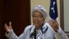 FILE - Ellen Johnson Sirleaf speaks during a news conference at the Presidential Palace in Monrovia, Liberia, Oct. 12, 2017.