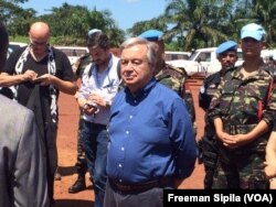 FILE - U.N. Secretary-General Antonio Guterres is surrounded by peacekeepers in Bangassou, Central African Republic, Oct. 25, 2017.