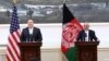 Afghan President Ashraf Ghani (right), and U.S. Secretary of State Mike Pompeo speak at a joint press conference at the Presidential Palace, in Kabul, Afghanistan, July 9, 2018. (Courtesy - Presidential Palace)