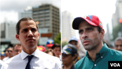 El presidente interino de Venezuela, juan Guaidó, (I) y el excandidato presidencial y gobernador, Henrique Capriles (D), en composición fotográfica de archivo..