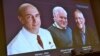 Harvey J. Alter, Michael Houghton and Charles M. Rice, are seen on a screen as the three laureates as they are announced as the winners of the 2020 Nobel Prize in Physiology or Medicine during a news conference at the Karolinska Institute in Stockholm.
