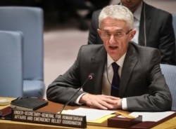 FILE - Mark Lowcock, the U.N. Humanitarian Affairs Emergency and Relief Coordinator, address United Nations Security Council at U.N. headquarters, Oct. 23, 2018.
