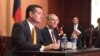 Republican presidential candidate Sen. Ted Cruz, R-Texas, left, and Texas Gov. Greg Abbott, speak about the resettlement of Syrian refugees in the U.S., during their joint news conference on Capitol Hill in Washington, Dec. 8, 2015 (VOA/ M. Bowman).