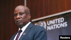 FILE - UN Humanitarian Coordinator in Nigeria Edward Kallon speaks during the launch of the 2018 Humanitarian Response Plan (HRP) for northeast Nigeria in Abuja, Nigeria, Feb. 8, 2018.