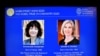 Pictures of Emmanuelle Charpentier and Jennifer A. Doudna, winners of the 2020 Nobel Prize in Chemistry, are displayed on a screen during the news conference announcing the laureates, at the Royal Swedish Academy of Sciences, in Stockholm, Sweden.
